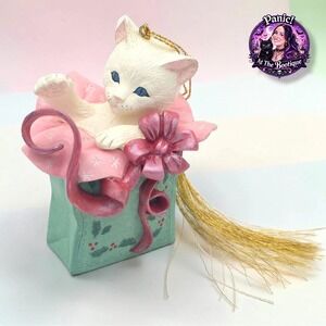 Lenox Holiday Mischief Cat Ornament 1998 White Kitten Teal Pink Vintage Whimsy